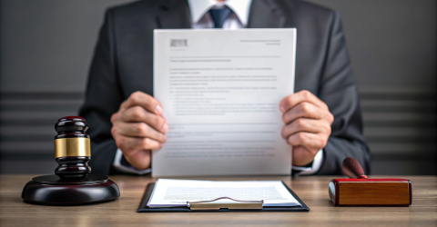 Een man in pak houdt een document vast ernaast ligt een rechtshamer en een stempel